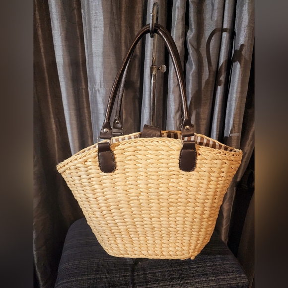 Borghese Large straw jute shoulder bag brown white pinstriped inside - Picture 4 of 10